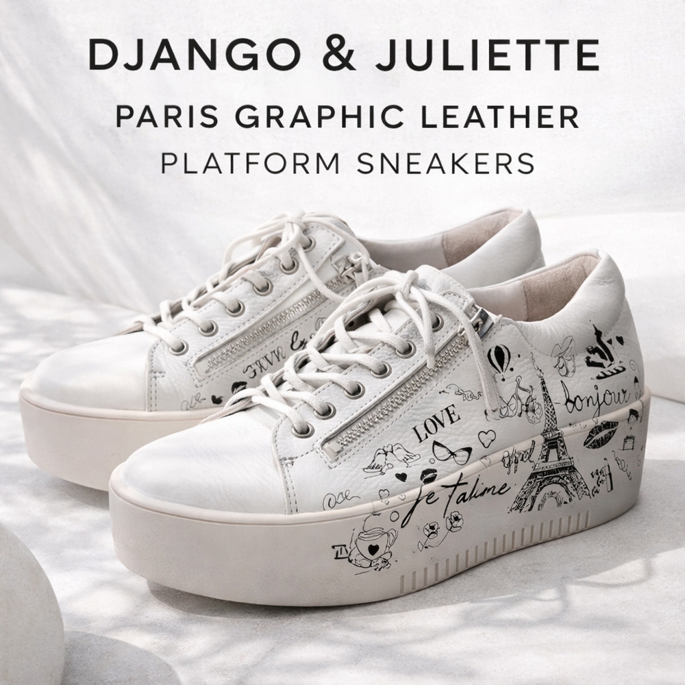Django & Juliette White Paris Graphic Leather Platform Sneakers 38 US 7.5